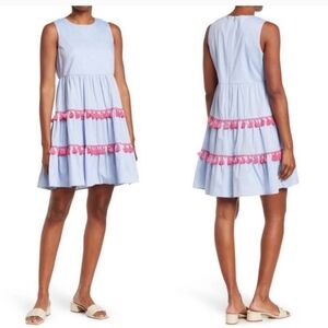 Eliza J size 14 trendy blue tiered chambray ruffle dress hot pink tassles fringe